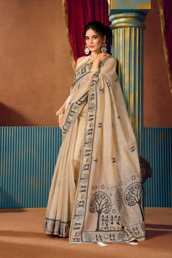 Yellow_Modal_Warli_Work_Pom_Pom_Saree_For_Women