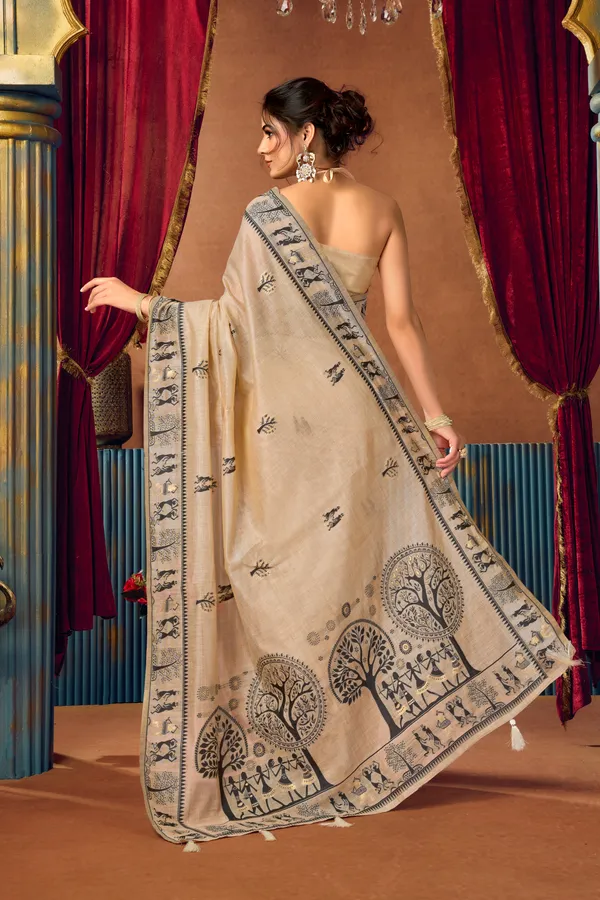 Yellow_Modal_Warli_Work_Pom_Pom_Saree_For_Women