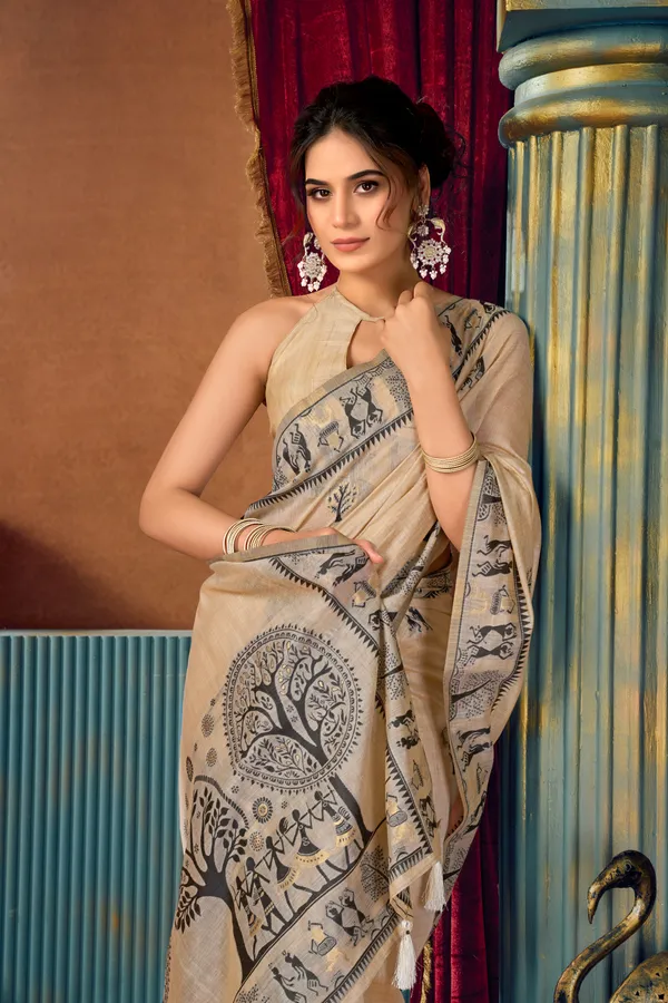 Yellow_Modal_Warli_Work_Pom_Pom_Saree_For_Women