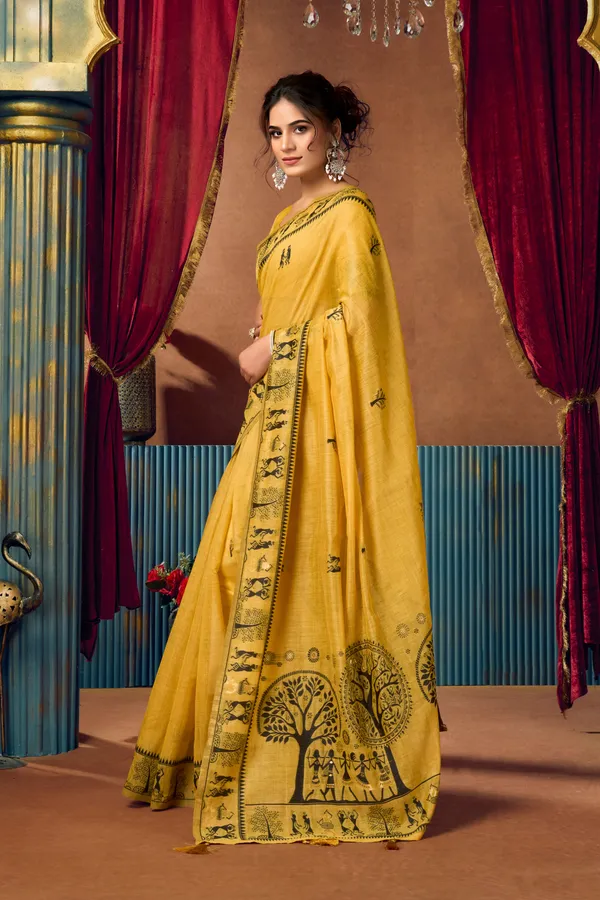 Teal_Modal_Warli_Work_Pompom_Saree_For_Women