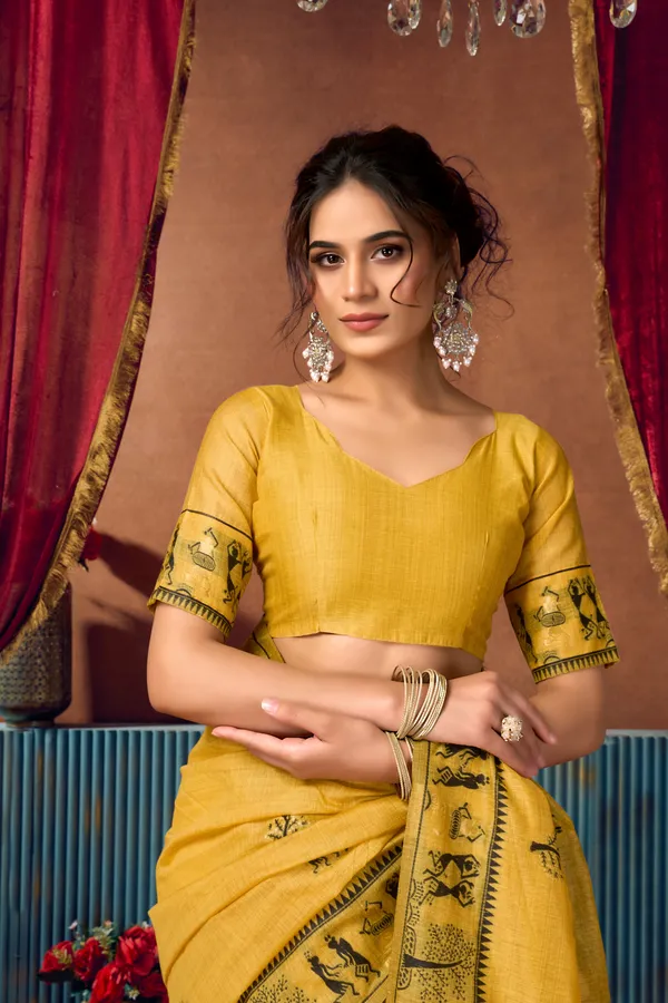 Teal_Modal_Warli_Work_Pompom_Saree_For_Women