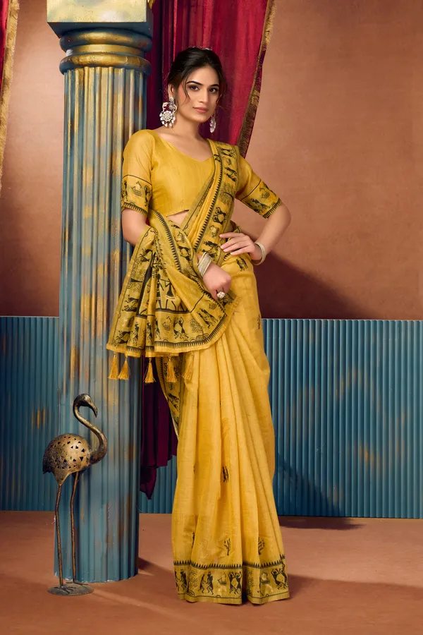 Teal_Modal_Warli_Work_Pompom_Saree_For_Women