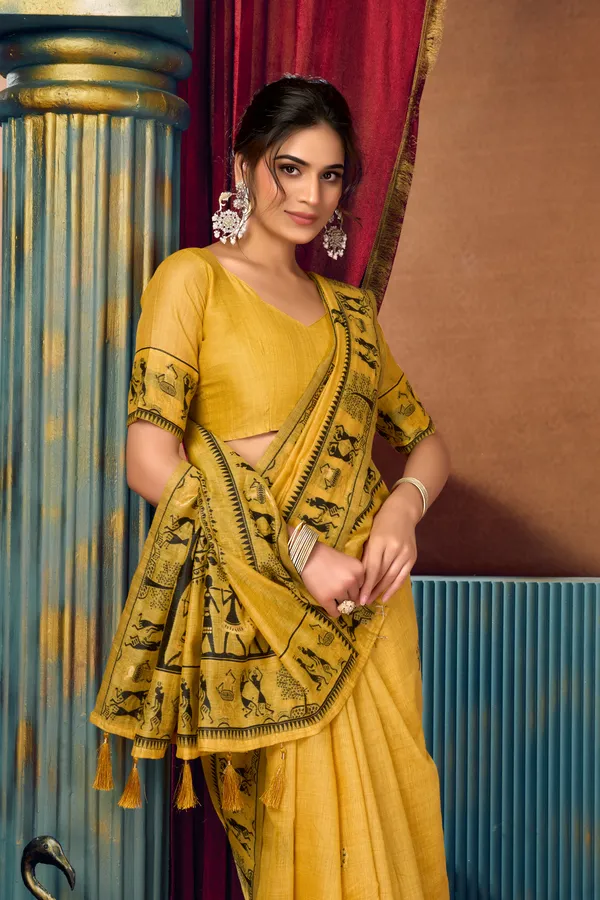 Teal_Modal_Warli_Work_Pompom_Saree_For_Women