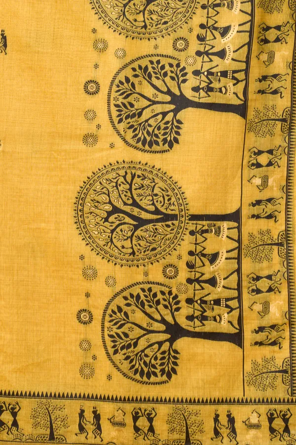 Teal_Modal_Warli_Work_Pompom_Saree_For_Women