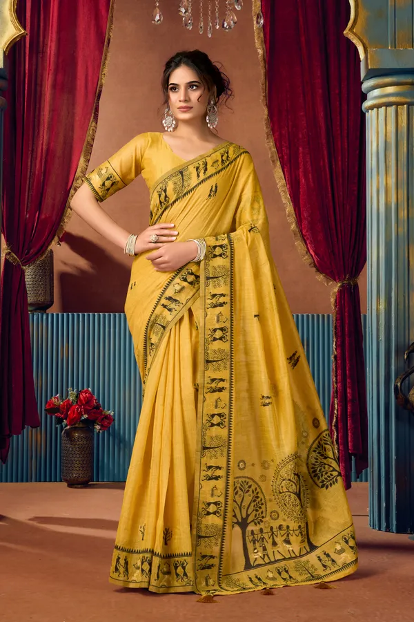 Teal_Modal_Warli_Work_Pompom_Saree_For_Women