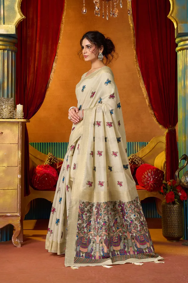 Cream_Modal_Katha_Mina_Zhallar_Saree_For_Women