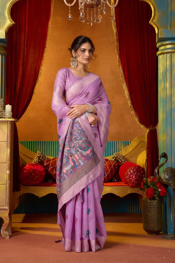 Purple_Modal_Katha_Work_Saree_With_Mina_And_Zhallar_For_Women