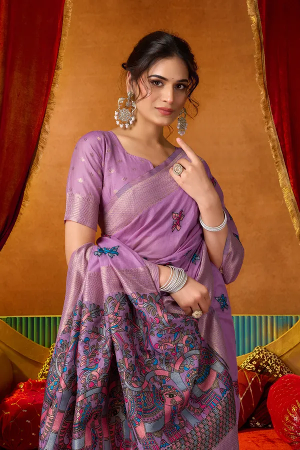 Purple_Modal_Katha_Work_Saree_With_Mina_And_Zhallar_For_Women