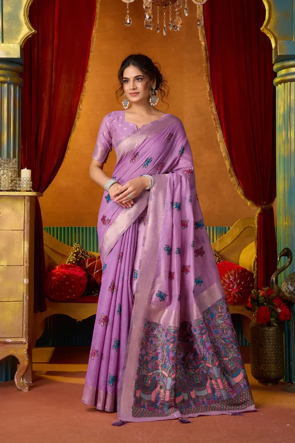 Purple_Modal_Katha_Work_Saree_With_Mina_And_Zhallar_For_Women