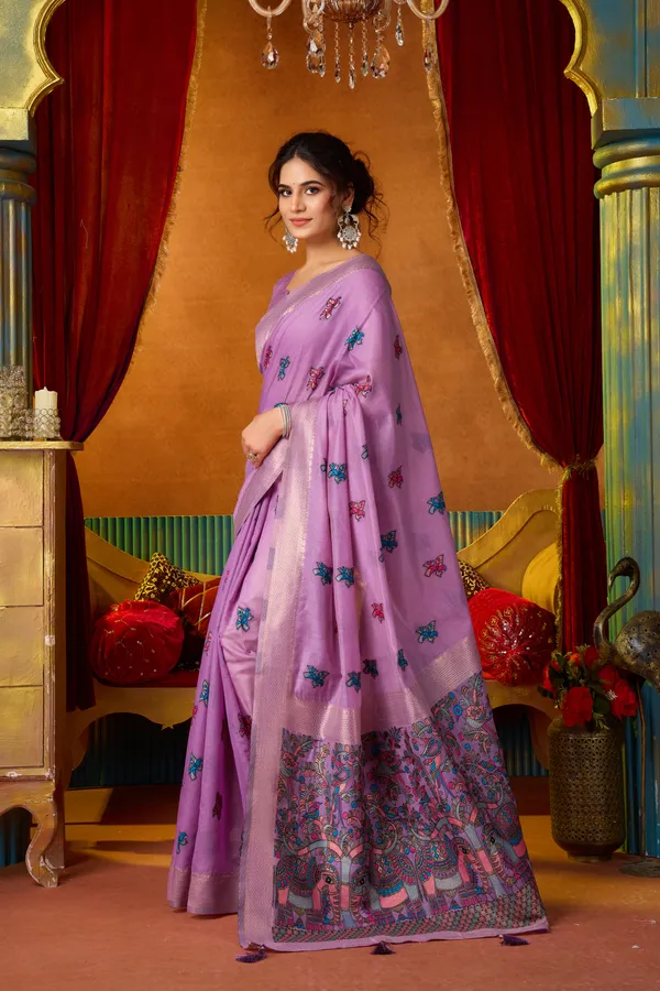 Purple_Modal_Katha_Work_Saree_With_Mina_And_Zhallar_For_Women