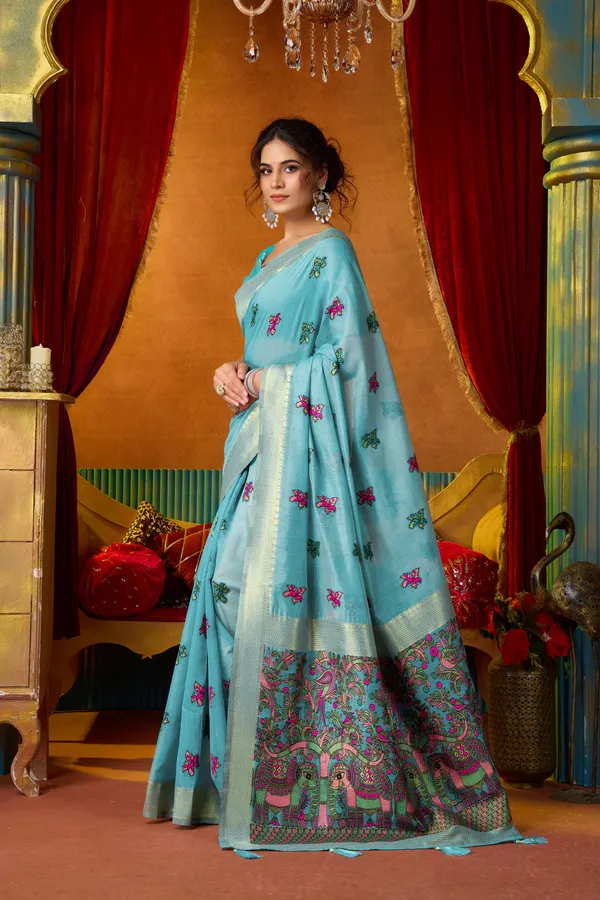 Teal_Modal_Katha_Mina_Work_Zhallar_Saree_For_Women