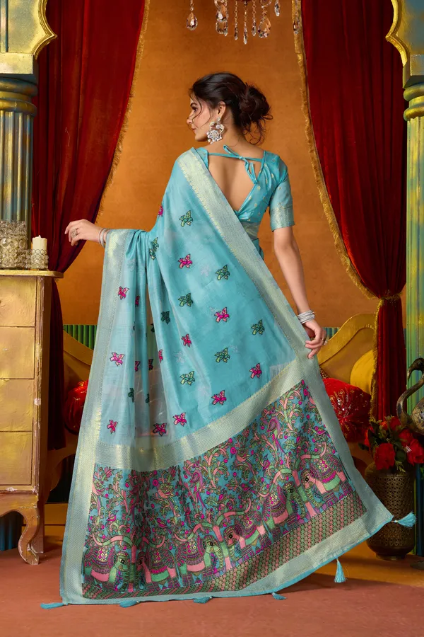 Teal_Modal_Katha_Mina_Work_Zhallar_Saree_For_Women