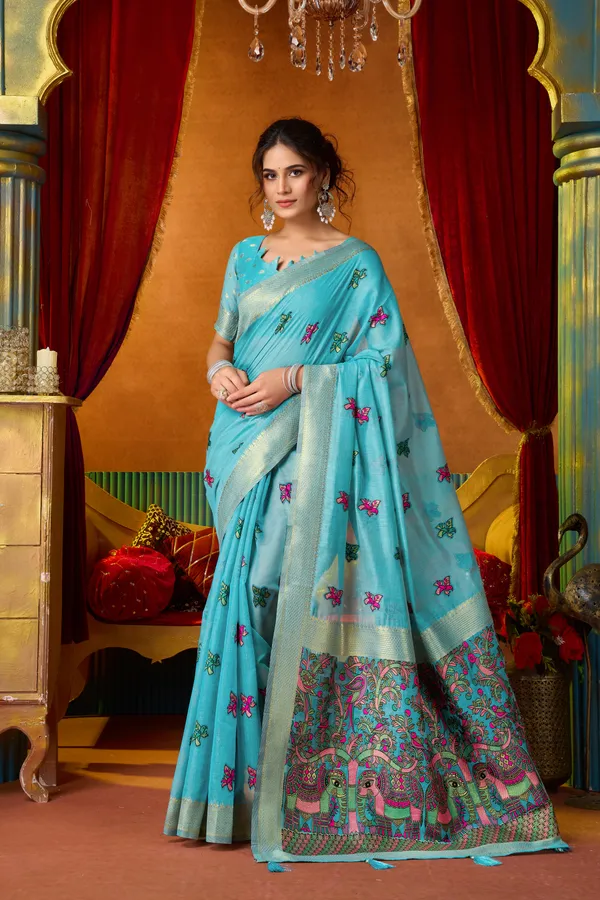 Teal_Modal_Katha_Mina_Work_Zhallar_Saree_For_Women
