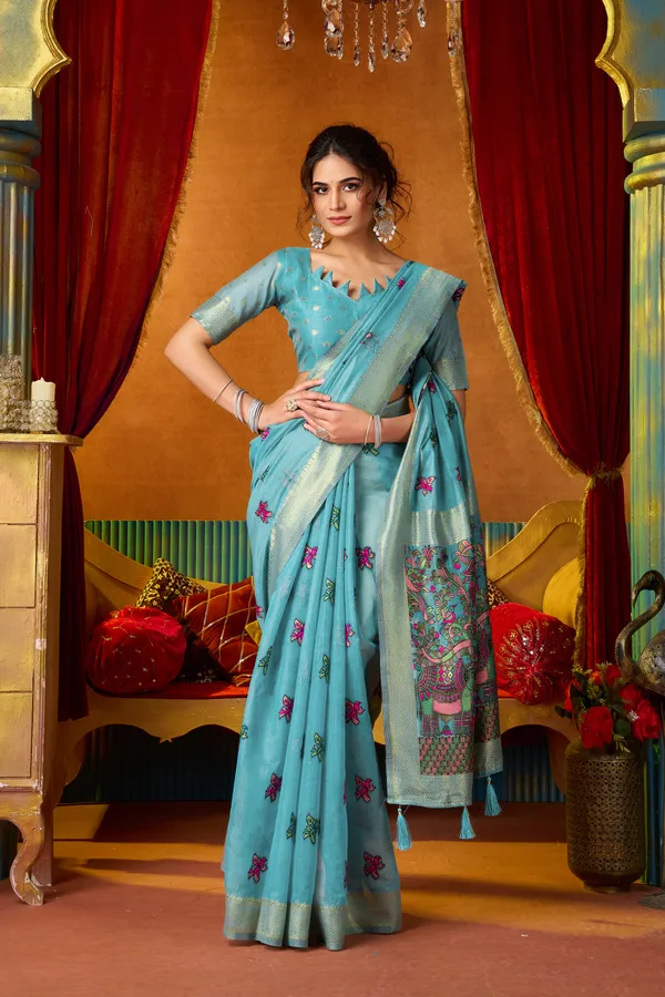 Teal_Modal_Katha_Mina_Work_Zhallar_Saree_For_Women