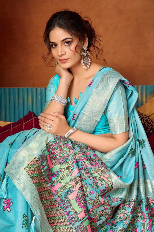 Teal_Modal_Katha_Mina_Work_Zhallar_Saree_For_Women