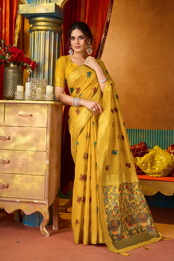 Yellow_Modal_Katha_Work_Meena_Zhallar_Saree_For_Women