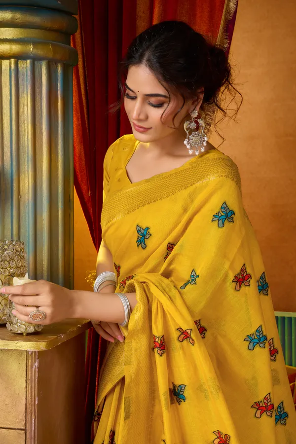 Yellow_Modal_Katha_Work_Meena_Zhallar_Saree_For_Women