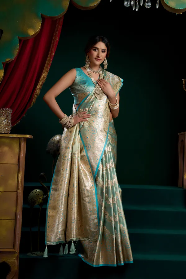 Green_Satin_Silk_Pompom_Saree_For_Women