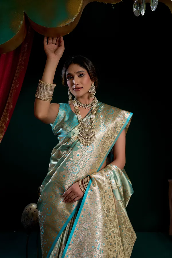 Green_Satin_Silk_Pompom_Saree_For_Women