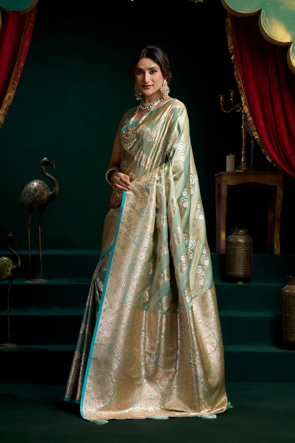 Green_Satin_Silk_Pompom_Saree_For_Women