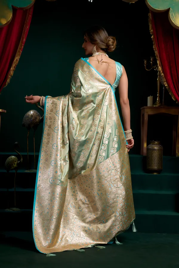 Green_Satin_Silk_Pompom_Saree_For_Women
