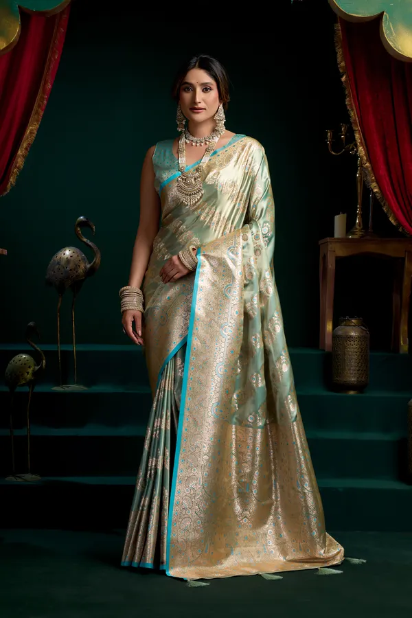 Green_Satin_Silk_Pompom_Saree_For_Women