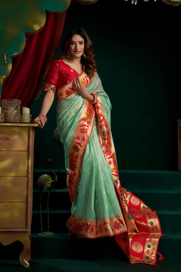 Multi_Tissue_Paithani_Meena_Lotus_Zari_Saree_For_Women
