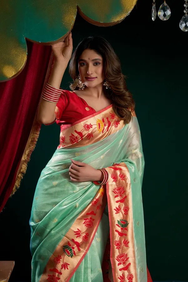 Multi_Tissue_Paithani_Meena_Lotus_Zari_Saree_For_Women
