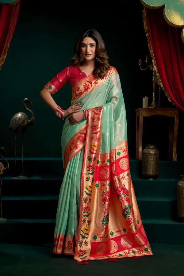 Multi_Tissue_Paithani_Meena_Lotus_Zari_Saree_For_Women
