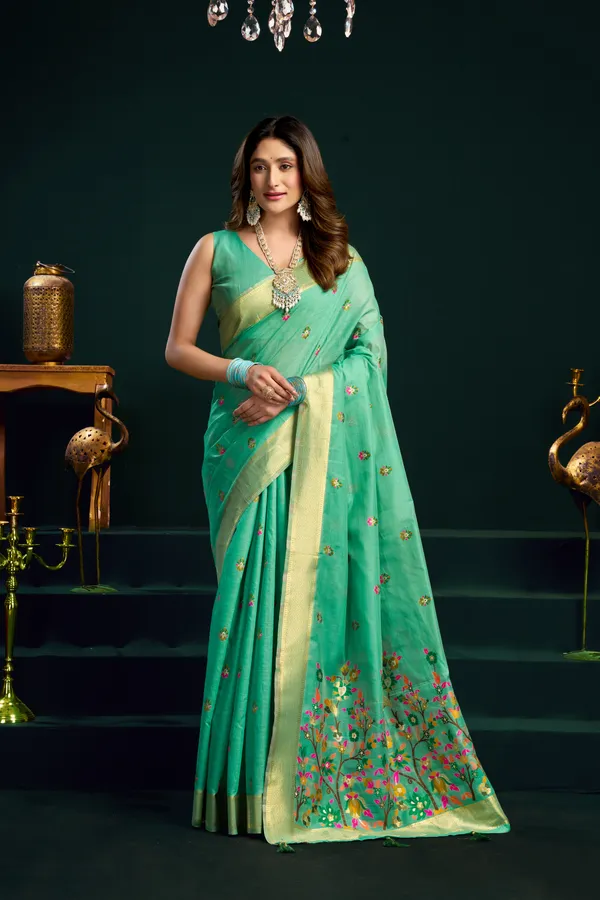 Green_Munga_Cotton_Meena_Work_Zari_Border_Saree_For_Women