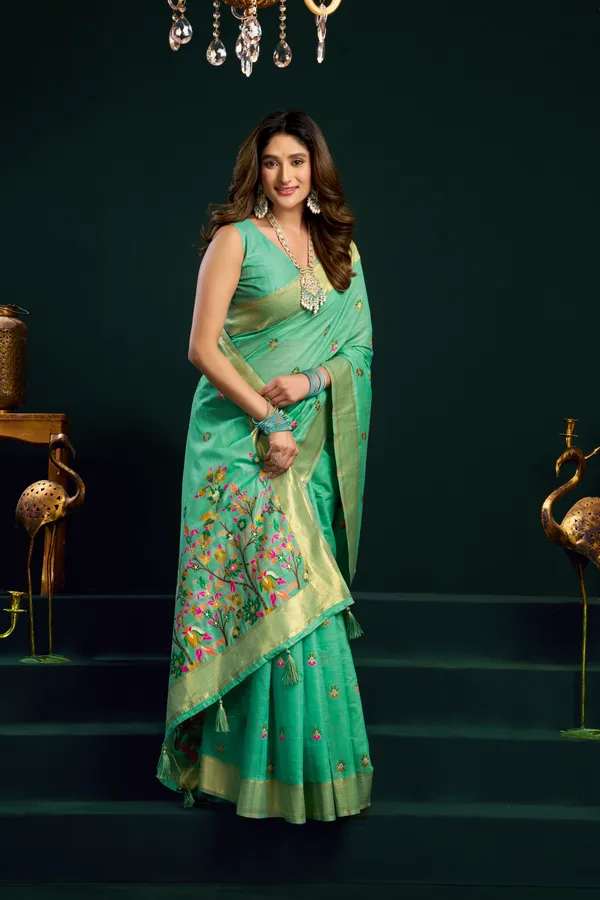 Green_Munga_Cotton_Meena_Work_Zari_Border_Saree_For_Women