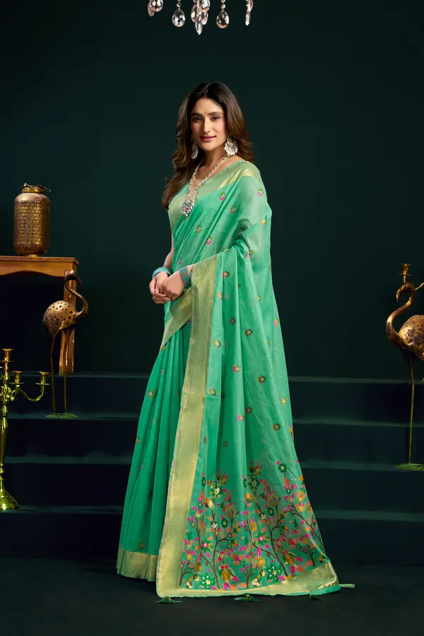 Green_Munga_Cotton_Meena_Work_Zari_Border_Saree_For_Women