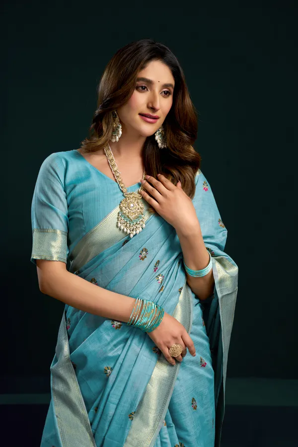 Teal_Munga_Cotton_Mina_Work_Zari_Border_Saree_For_Women