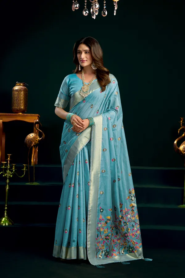 Teal_Munga_Cotton_Mina_Work_Zari_Border_Saree_For_Women