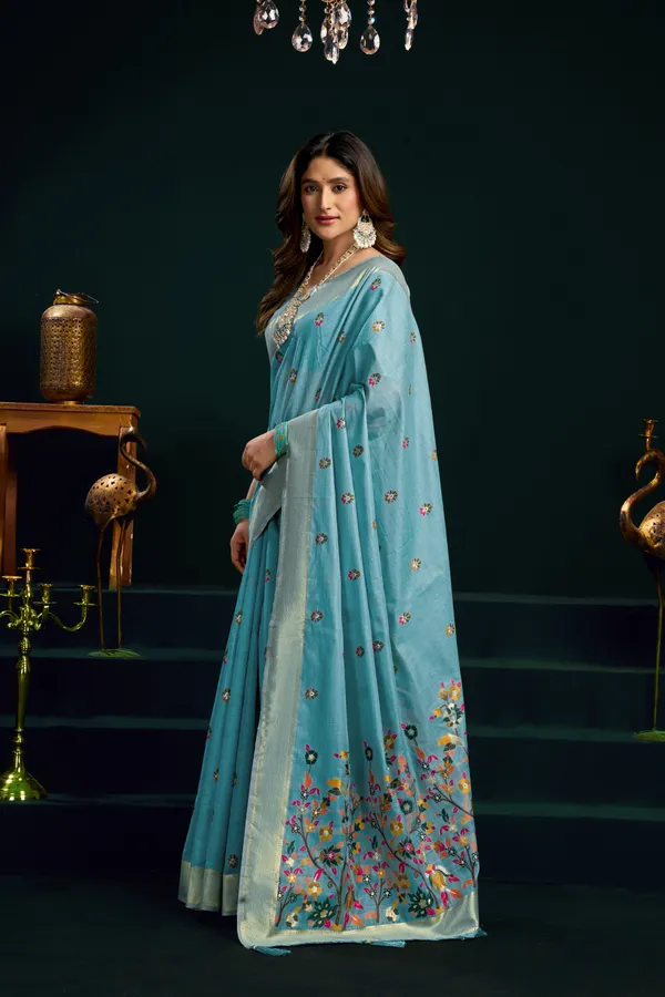Teal_Munga_Cotton_Mina_Work_Zari_Border_Saree_For_Women