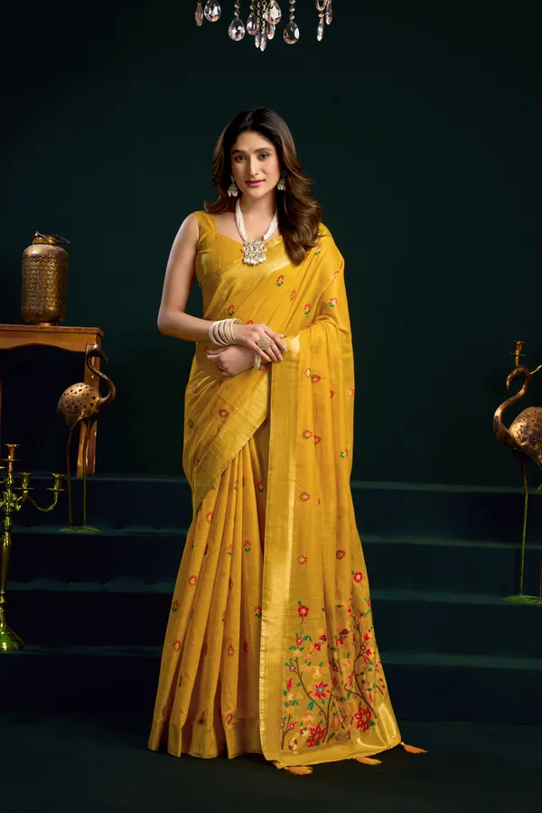 Yellow_Munga_Cotton_Mina_Work_Zari_Border_Saree_For_Women