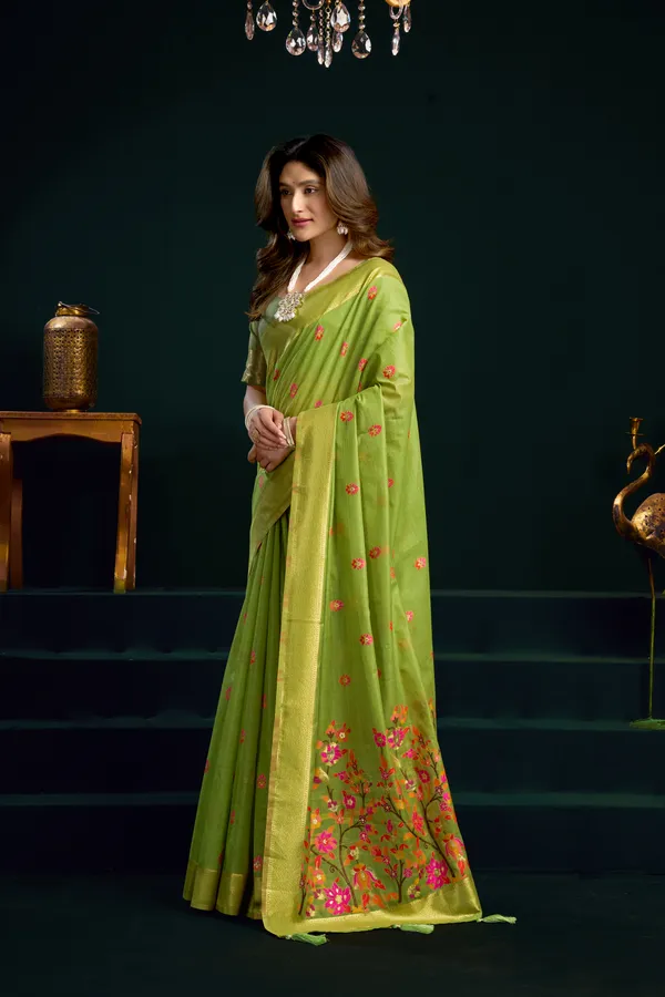 Green_Munga_Cotton_Mina_Work_Zari_Border_Saree_For_Women