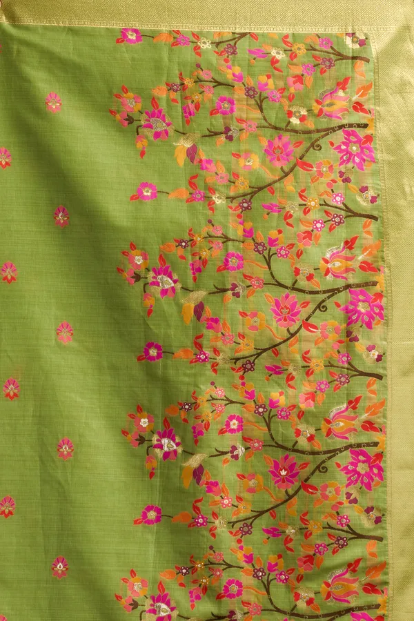 Green_Munga_Cotton_Mina_Work_Zari_Border_Saree_For_Women