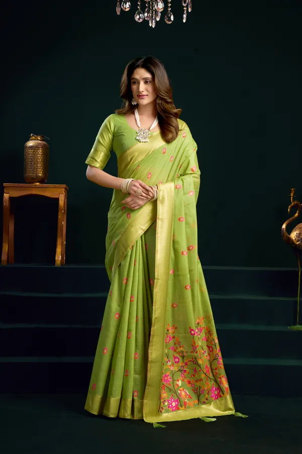 Green_Munga_Cotton_Mina_Work_Zari_Border_Saree_For_Women