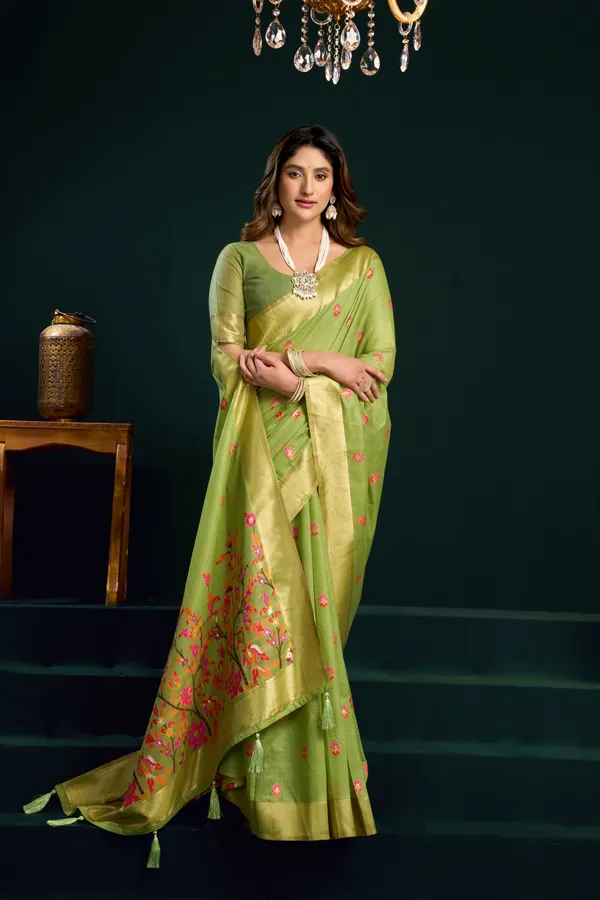 Green_Munga_Cotton_Mina_Work_Zari_Border_Saree_For_Women