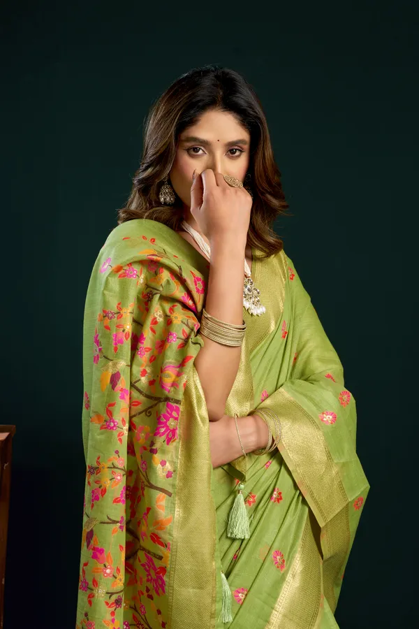 Green_Munga_Cotton_Mina_Work_Zari_Border_Saree_For_Women