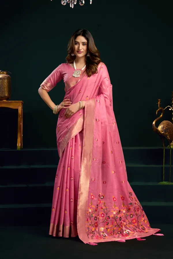 Pink_Munga_Cotton_Mina_Work_Zari_Border_Saree_For_Women