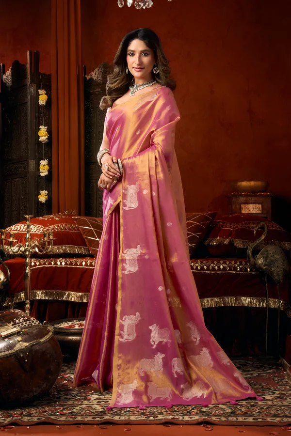 Gold_Heavy_Tissue_Cow_Butta_Tassel_Saree_For_Women