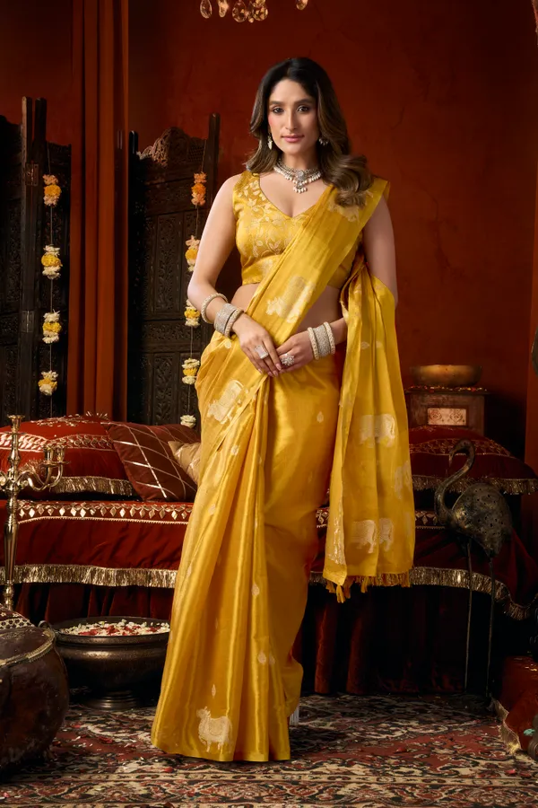 Yellow_Heavy_Tissue_Cow_Butta_Tassel_Saree_For_Women