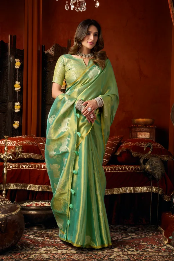 Green_Heavy_Tissue_Allover_Butta_Fancy_Tassel_Saree_For_Women
