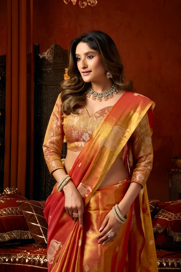 Orange_Heavy_Tissue_Allover_Cow_Butta_Saree_For_Women
