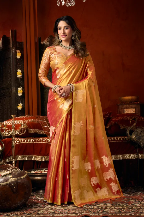 Orange_Heavy_Tissue_Allover_Cow_Butta_Saree_For_Women