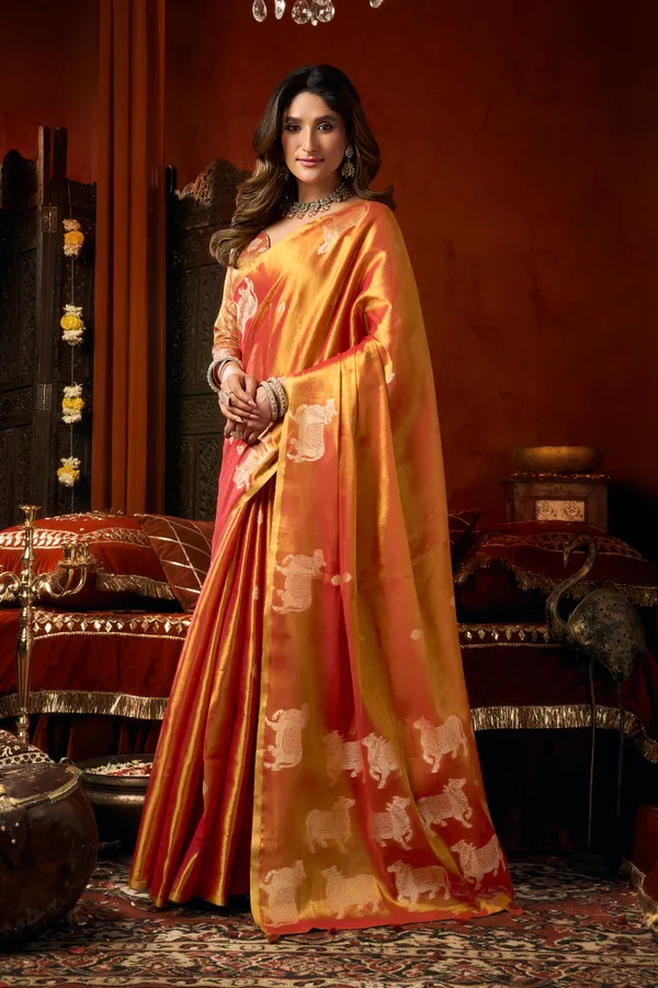 Orange_Heavy_Tissue_Allover_Cow_Butta_Saree_For_Women