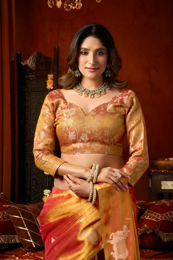 Orange_Heavy_Tissue_Allover_Cow_Butta_Saree_For_Women