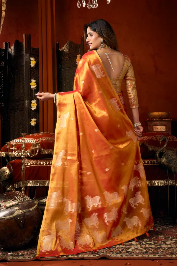 Orange_Heavy_Tissue_Allover_Cow_Butta_Saree_For_Women